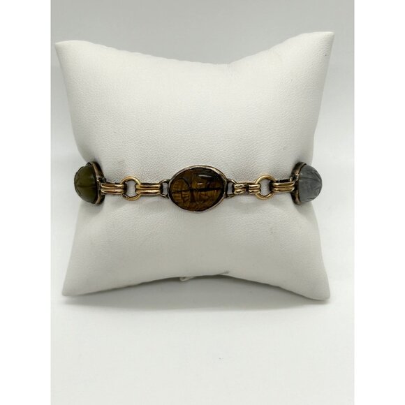 Egyptian Revival 1920s-30s Scarab Bracelet With Carved Natural Stones & Gold-Ton - Picture 2 of 16